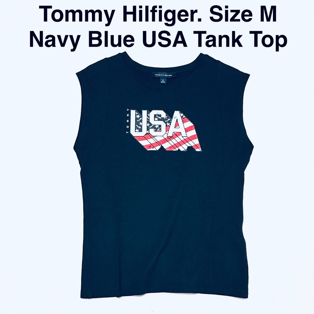 5/$15💥 Tommy Hilfiger Navy Tank USA Flag Graphic Patriotic Top Cotton Modal